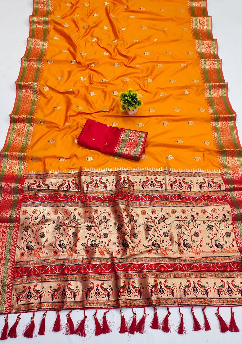 Orange Woven Paithani Silk Saree Set