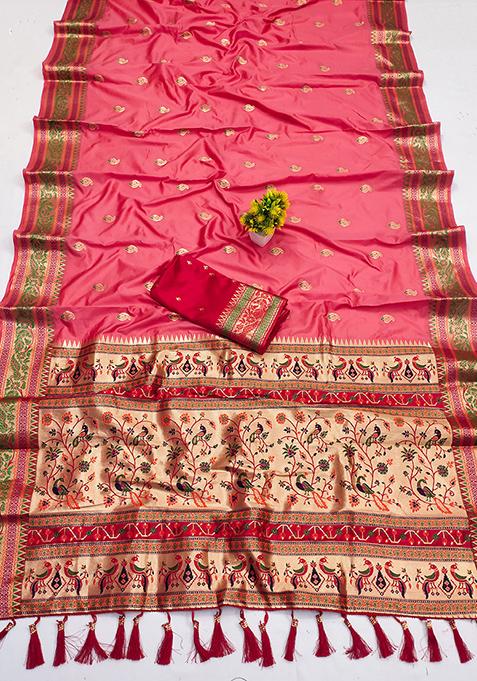 Pink Woven Paithani Silk Saree Set