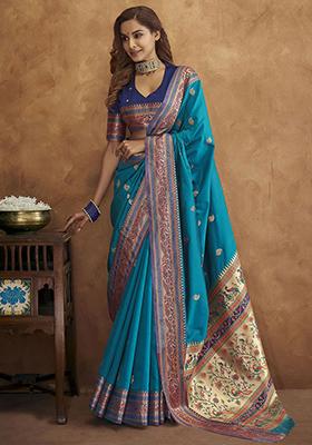 Blue Woven Paithani Silk Saree Set