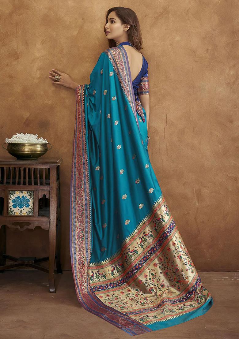 Blue Woven Paithani Silk Saree Set