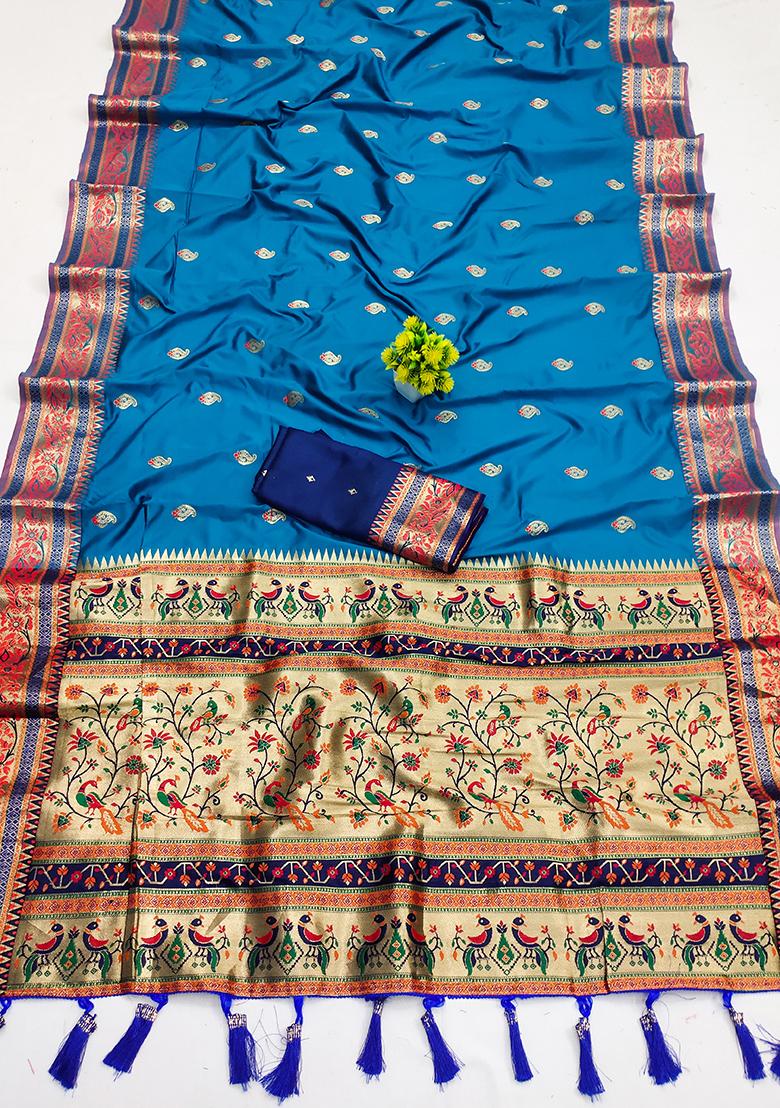 Blue Woven Paithani Silk Saree Set