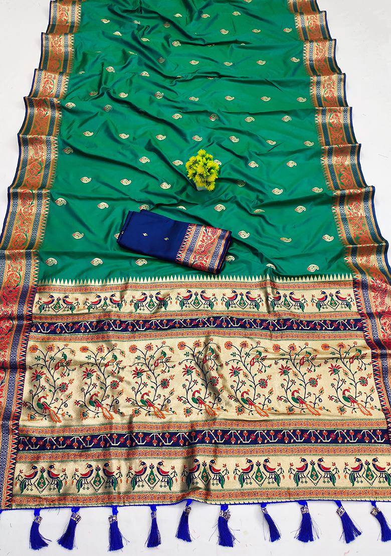 Turquoise Woven Paithani Silk Saree Set