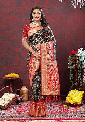 Dark Green Woven Kanjivaram Silk Saree Set