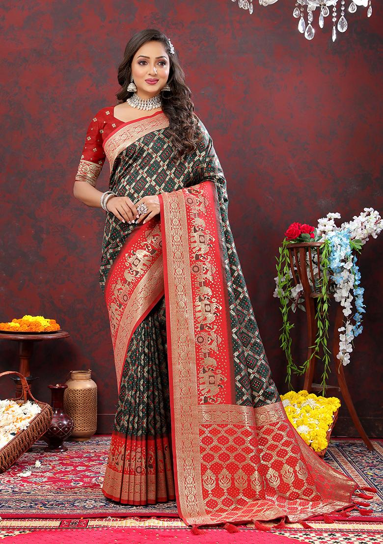 Dark Green Woven Kanjivaram Silk Saree Set