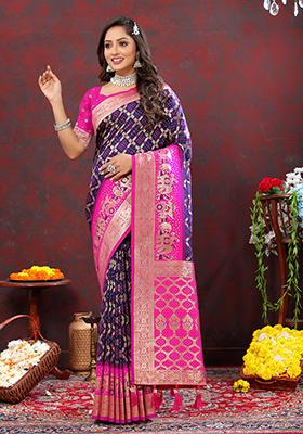 Navy Blue Woven Kanjivaram Silk Saree Set