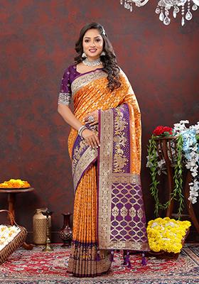 Orange Woven Kanjivaram Silk Saree Set
