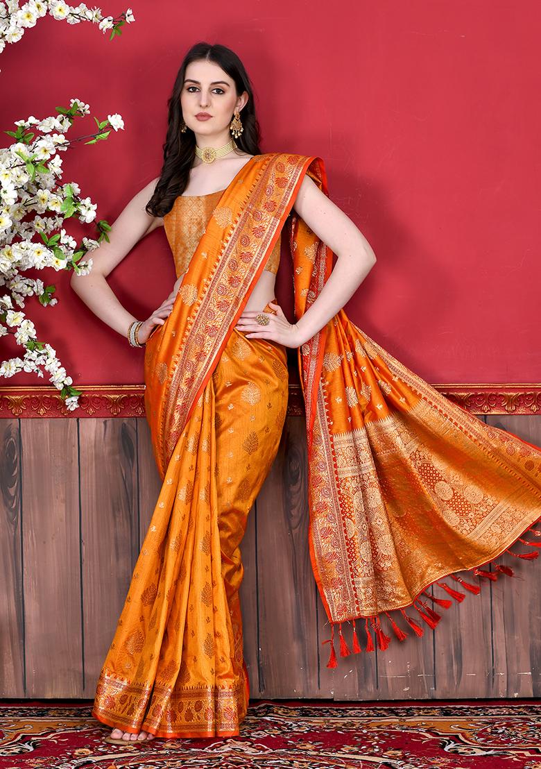 Orange Woven Silk Saree Set