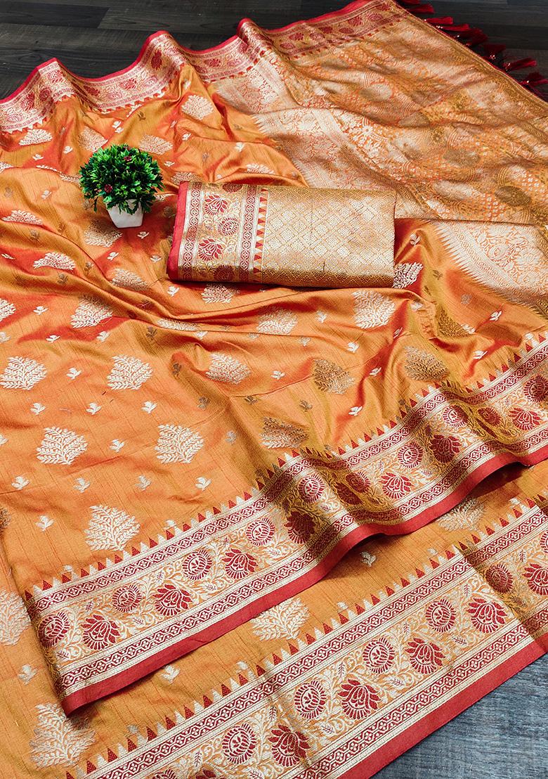 Orange Woven Silk Saree Set