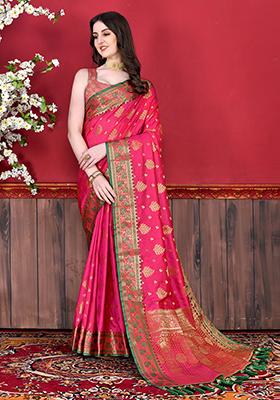 Pink Woven Silk Saree Set