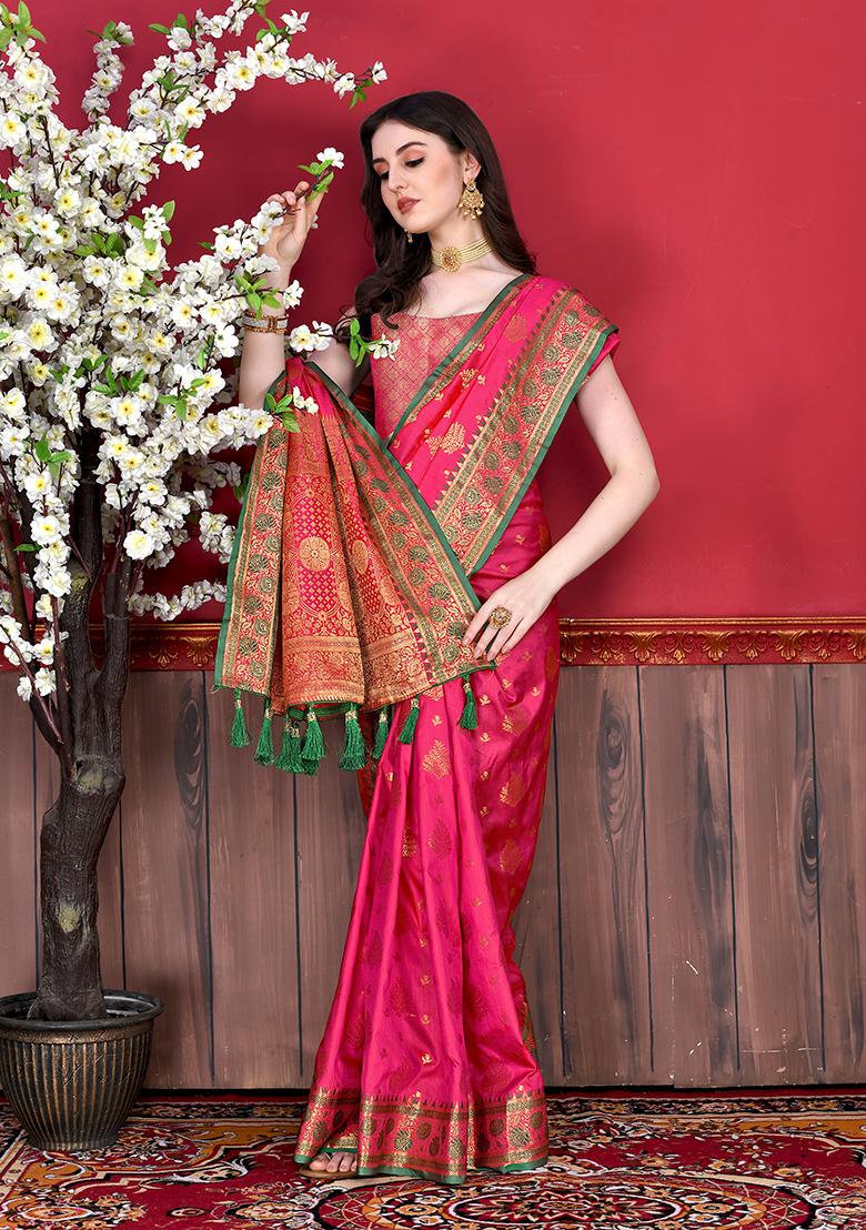 Pink Woven Silk Saree Set