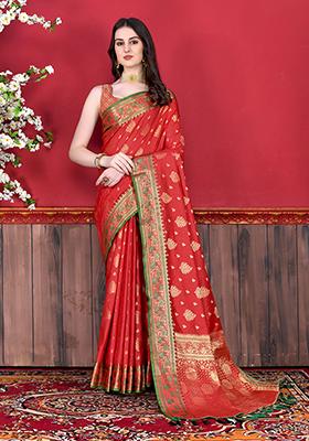 Red Woven Silk Saree Set