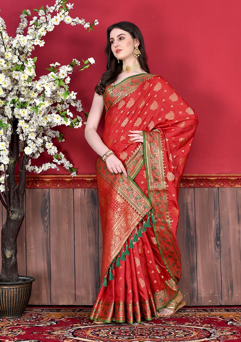 Red Woven Silk Saree Set