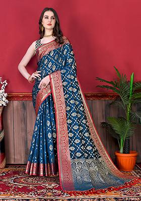 Blue Woven Silk Saree Set