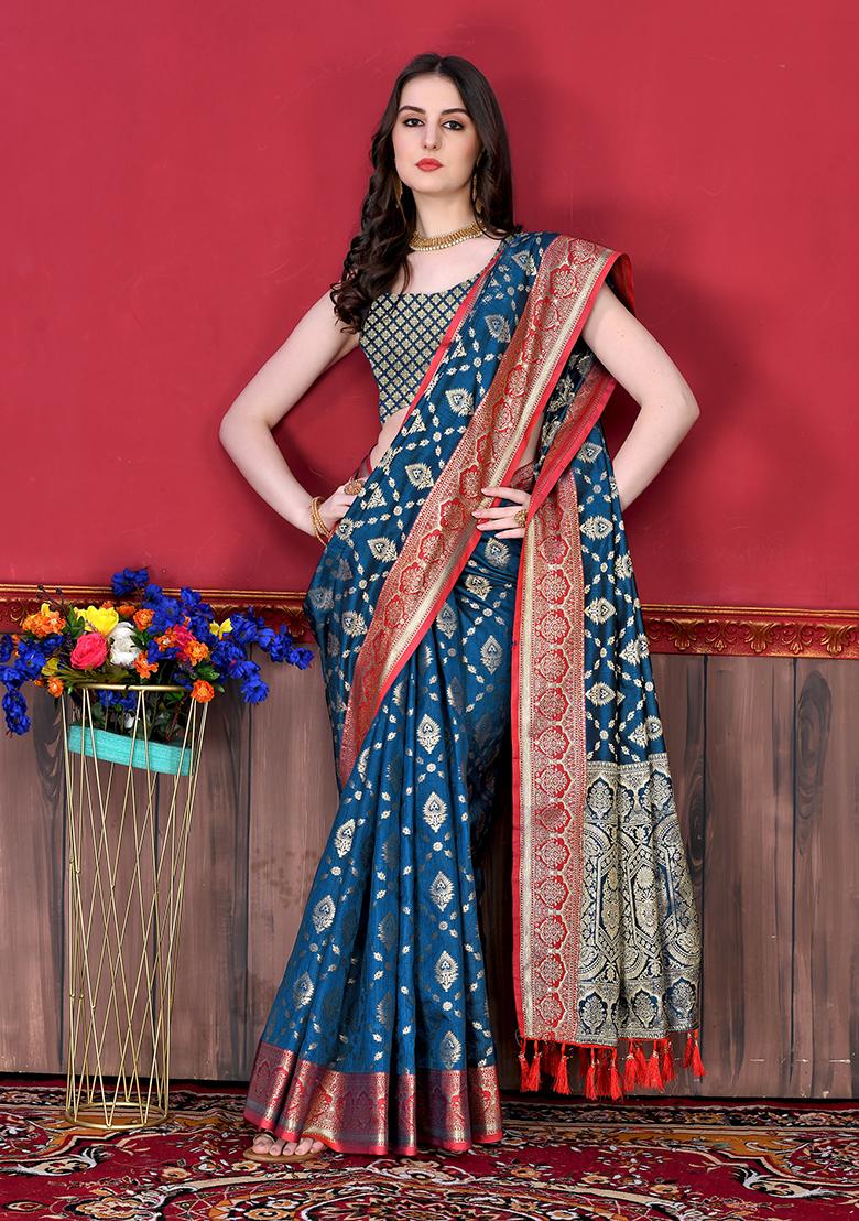 Blue Woven Silk Saree Set