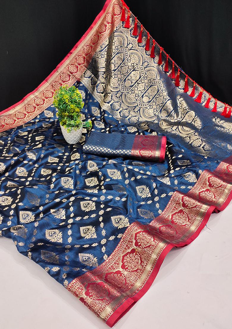 Blue Woven Silk Saree Set
