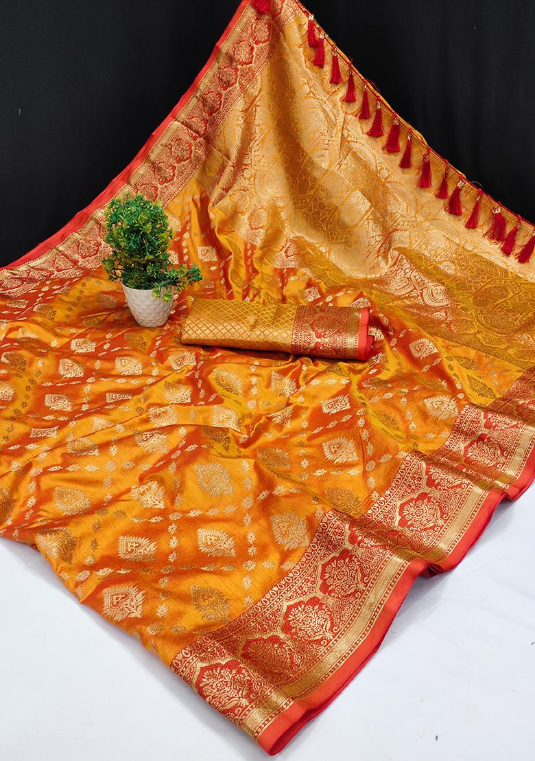 Orange Woven Silk Saree Set