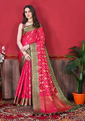 Pink Woven Silk Saree Set