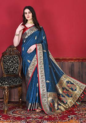 Blue Woven Silk Saree Set