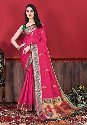 Pink Woven Silk Saree Set