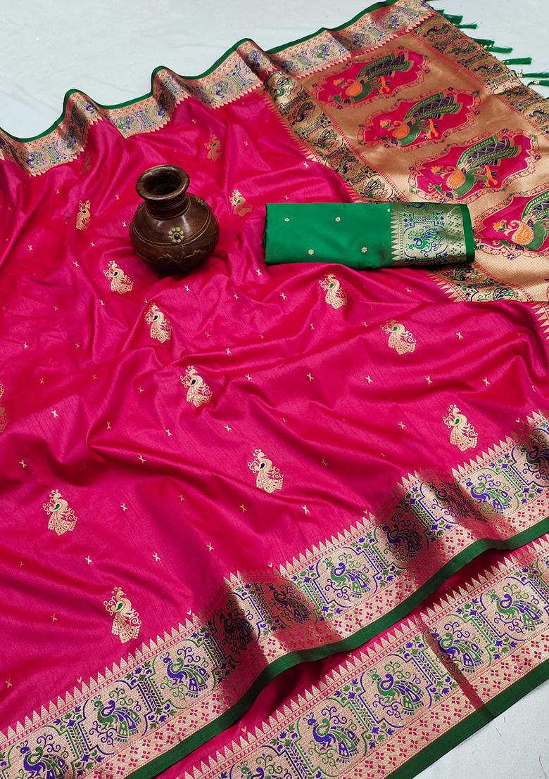 Pink Woven Silk Saree Set