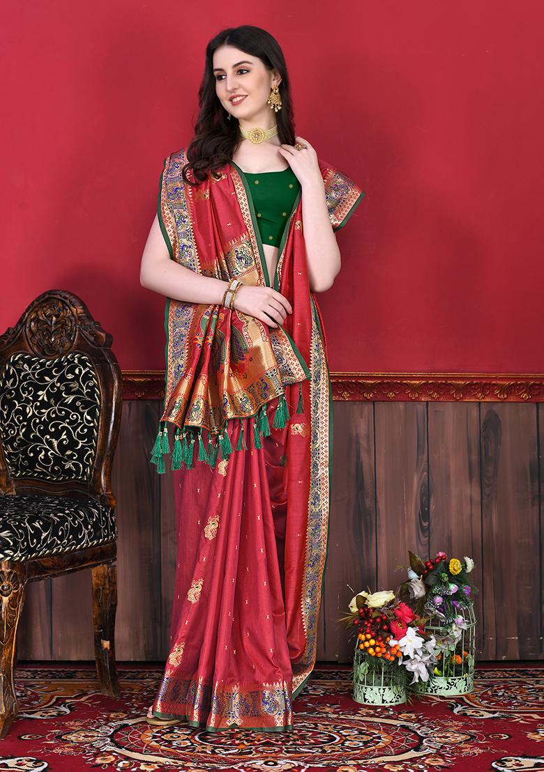 Red Woven Silk Saree Set