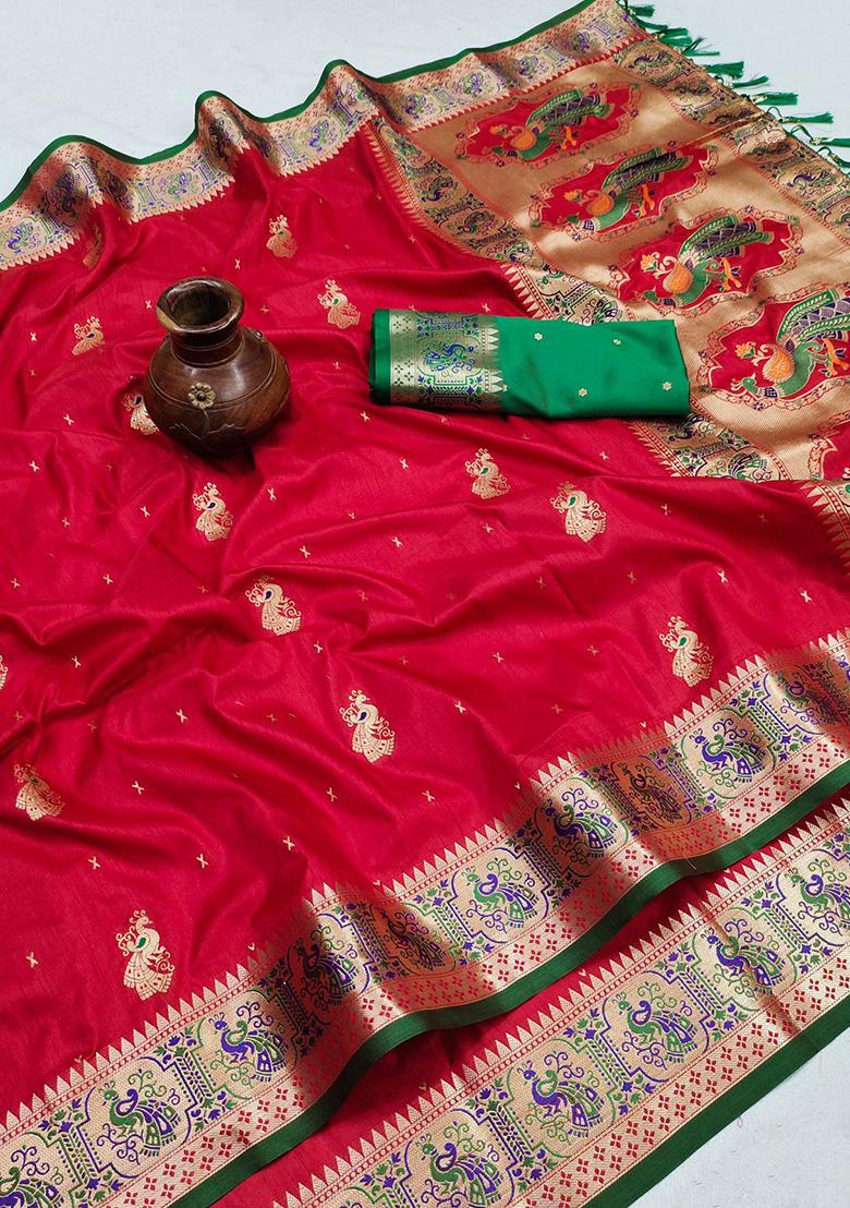 Red Woven Silk Saree Set