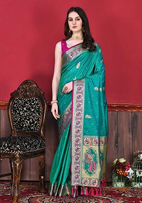 Turquoise Woven Silk Saree Set