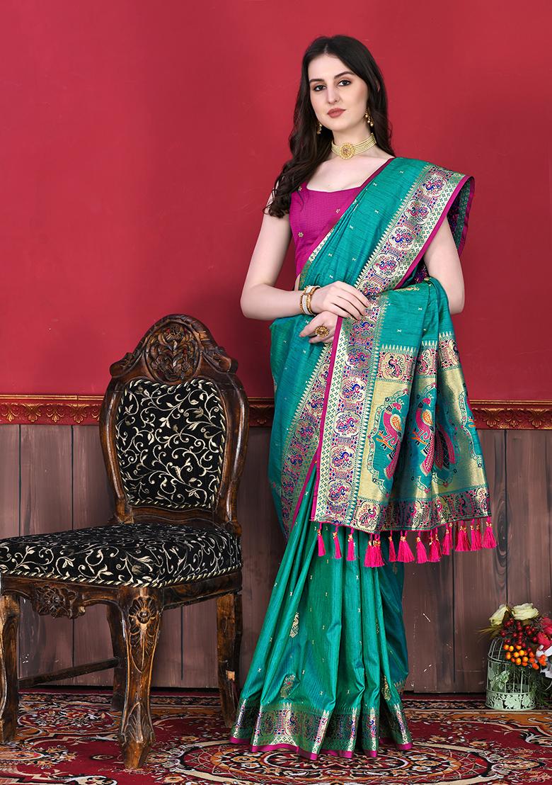 Turquoise Woven Silk Saree Set
