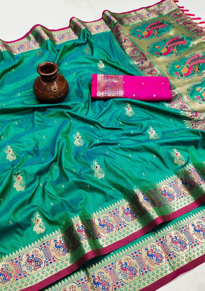 Turquoise Woven Silk Saree Set