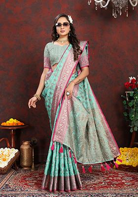 Beige Woven Silk Saree Set