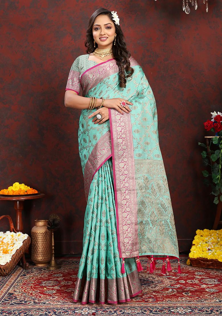 Beige Woven Silk Saree Set