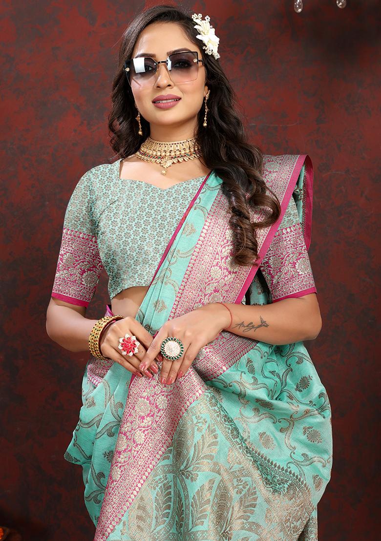 Beige Woven Silk Saree Set