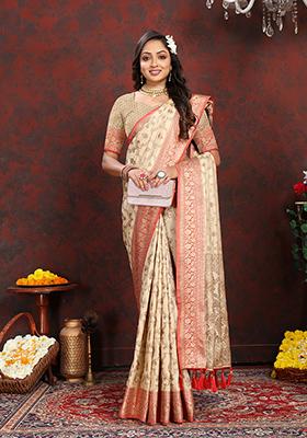 Pastel Yellow Woven Silk Saree Set