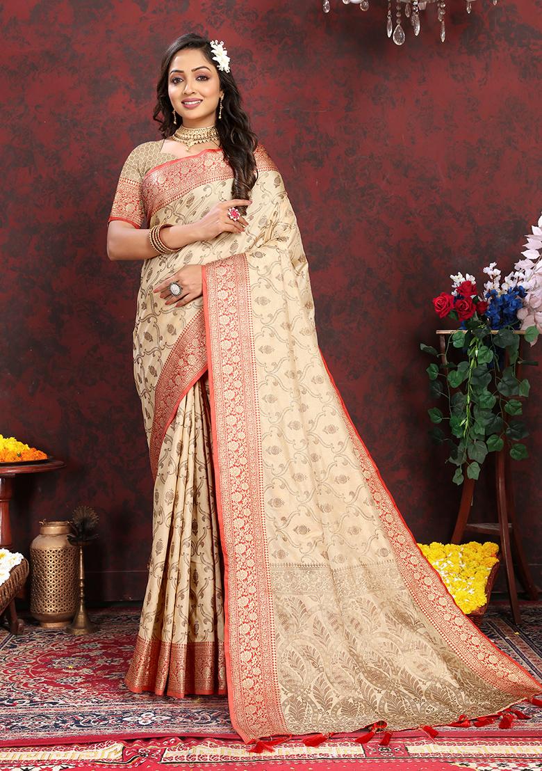 Pastel Yellow Woven Silk Saree Set