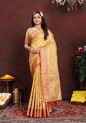 Peach Woven Silk Saree Set
