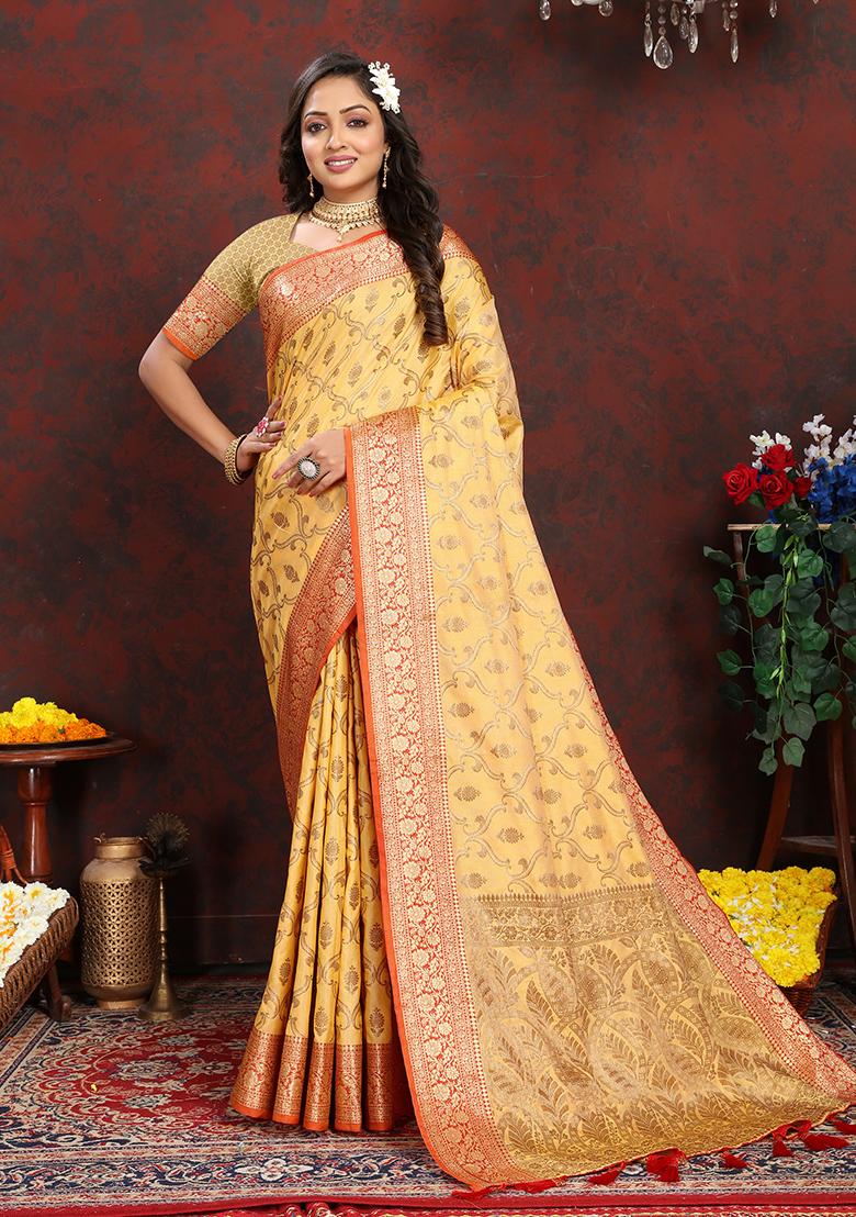Peach Woven Silk Saree Set