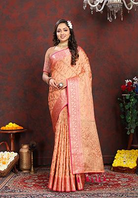 Pink Woven Silk Saree Set