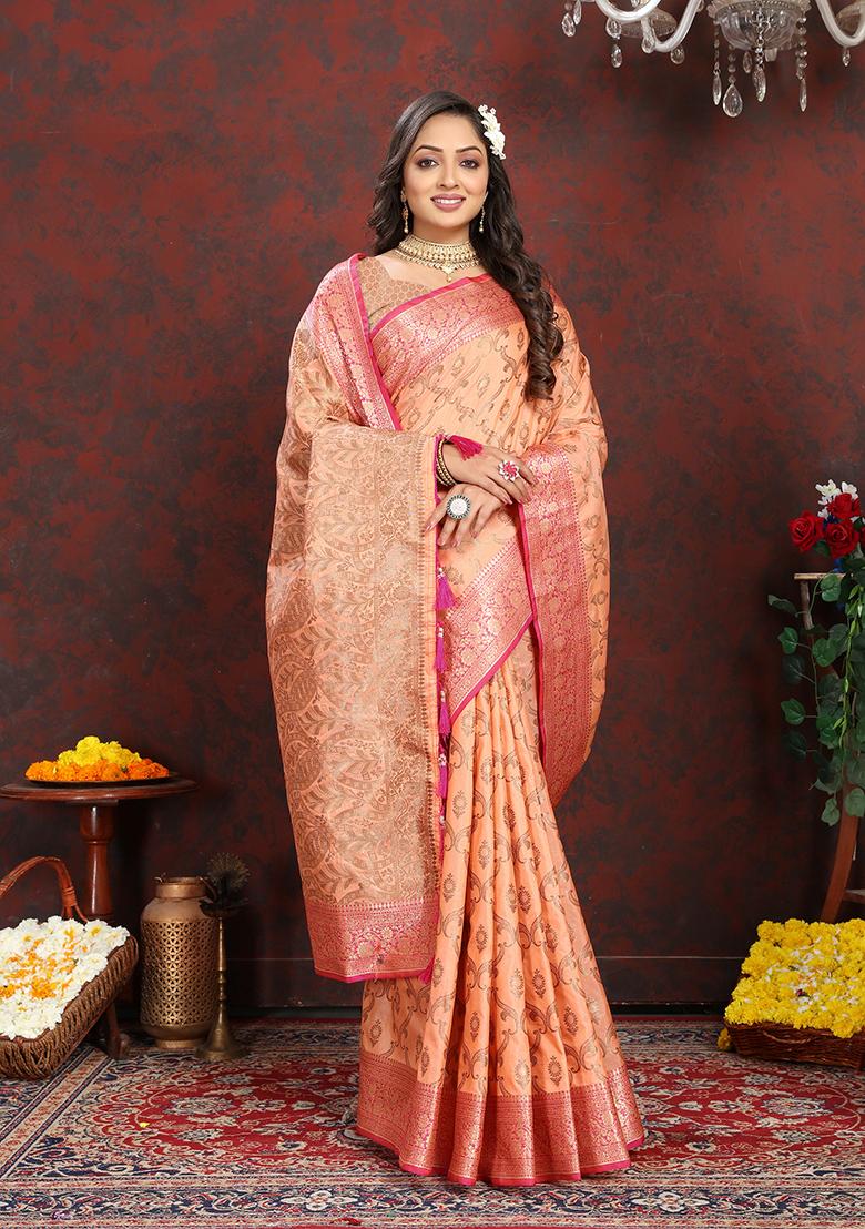 Pink Woven Silk Saree Set