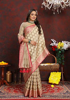 Beige Woven Silk Saree Set