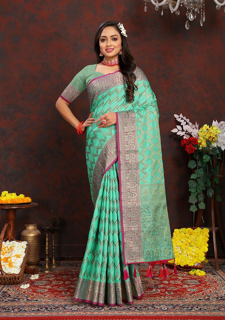Firozi Woven Silk Saree Set