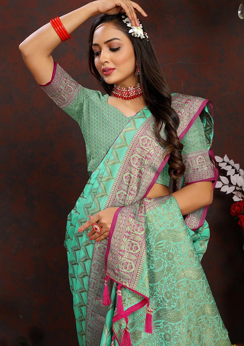 Firozi Woven Silk Saree Set