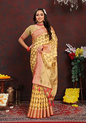 Pastel Yellow Woven Silk Saree Set