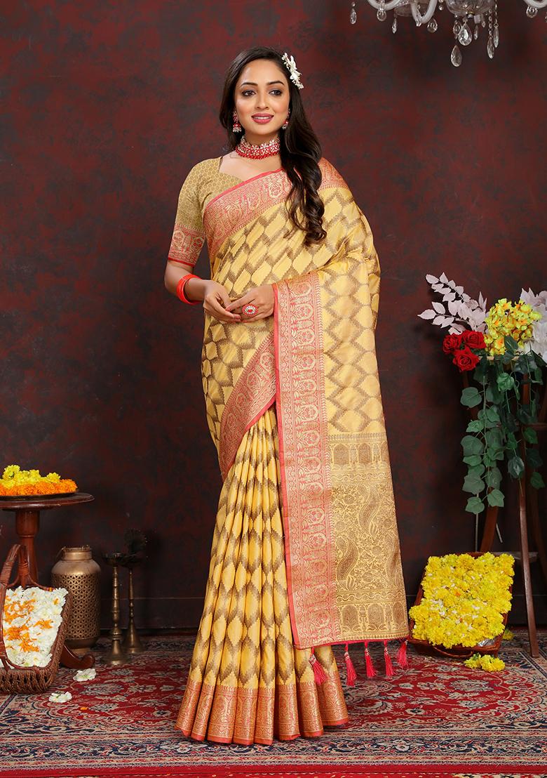 Pastel Yellow Woven Silk Saree Set