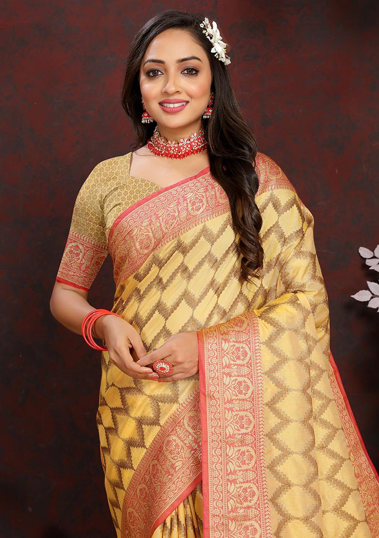 Pastel Yellow Woven Silk Saree Set