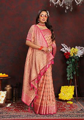 Peach Woven Silk Saree Set
