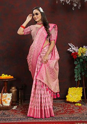 Pink Woven Silk Saree Set