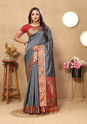 Grey Meenakari Paithani Silk Saree Set