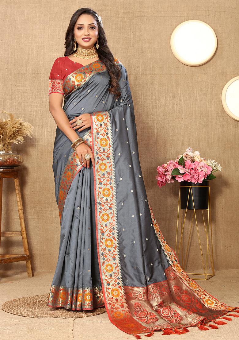 Grey Meenakari Paithani Silk Saree Set