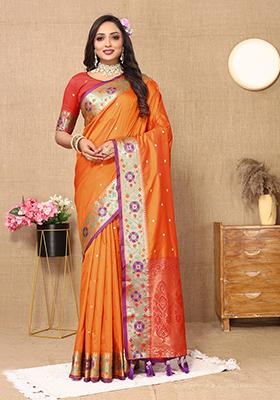 Orange Meenakari Paithani Silk Saree Set