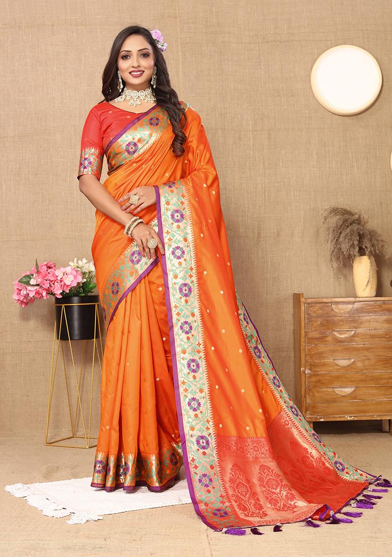 Orange Meenakari Paithani Silk Saree Set